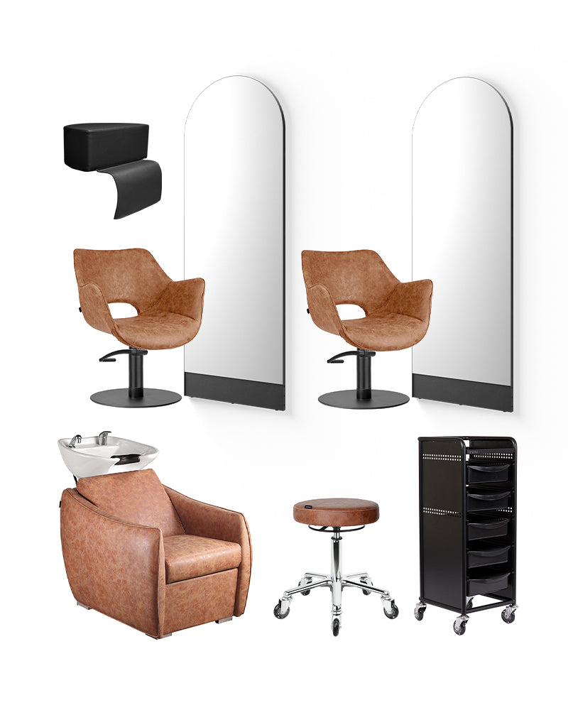 Tan black hairdresser starter kit - with 2 styling stations, 1 washing station, and equipment